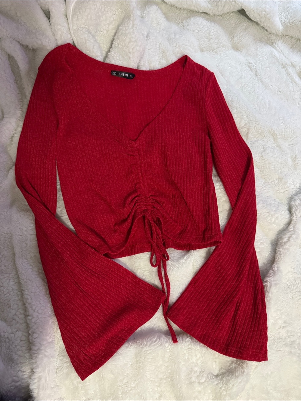 SHEIN Red Ribbed V-Neck Cinch Bell Sleeve Crop Top